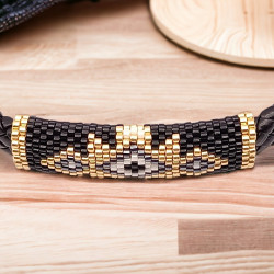 Bracelet en cuir noir avec tissage de perles Miyuki Delica