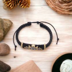 Bracelet en cuir noir avec tissage de perles Miyuki Delica