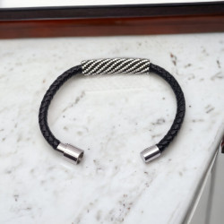 Bracelet en cuir tressé noir avec tissage de perles Miyuki Delica