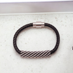 Bracelet en cuir tressé noir avec tissage de perles Miyuki Delica