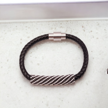 Bracelet en cuir tressé noir avec tissage de perles Miyuki Delica