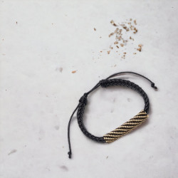 Bracelet en cuir tressé noir avec tissage de perles Miyuki Delica