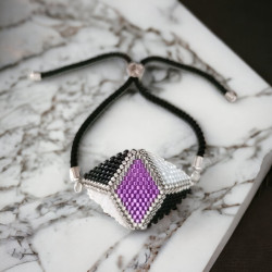 Parure tissée en forme de triangle avec perles Miyuki Delica mauve, noir et blanc