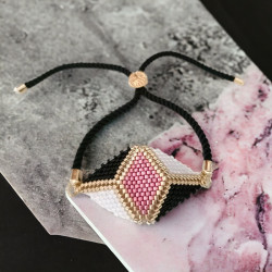 Parure tissée en forme de triangle avec perles Miyuki Delica rose, noir et blanc