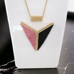Parure tissée en forme de triangle avec perles Miyuki Delica rose, noir et blanc