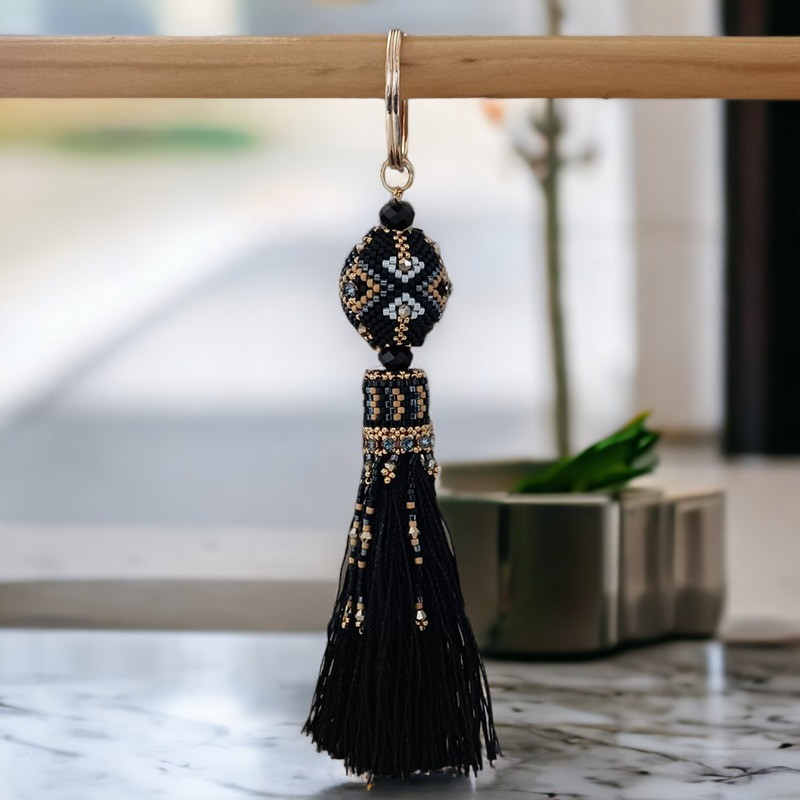 Wooden keychain with Miyuki Delica beads and crystals