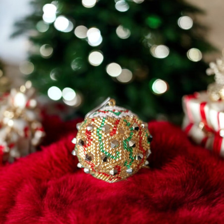 Boule de Noël en Perles Miyuki Delica de Couleurs et Toupies Argentées - 4 cm de Diamètre | Décoration Élégante de Noël