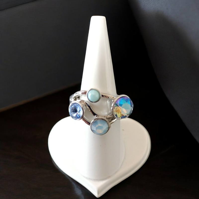 Bague réglable en rhodium avec strass multicolores